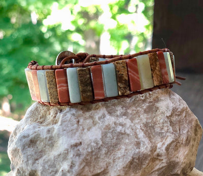 Handmade Natural Jasper Crystal Leather Wrap Bracelet