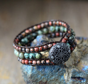 African Turquoise and Jasper Leather Cuff Bracelet