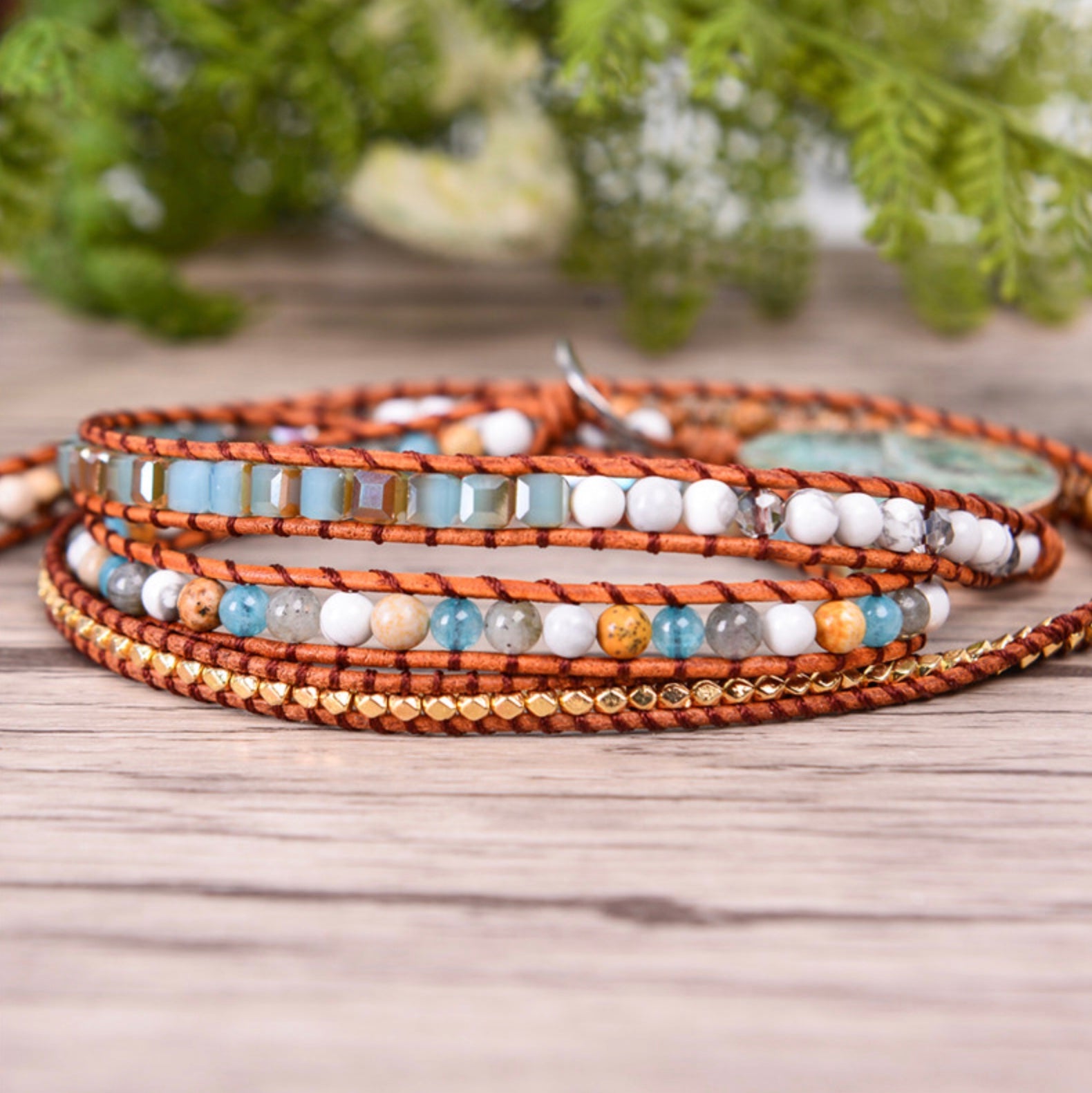 Ocean Jasper Boho Leather Wrap Bracelet