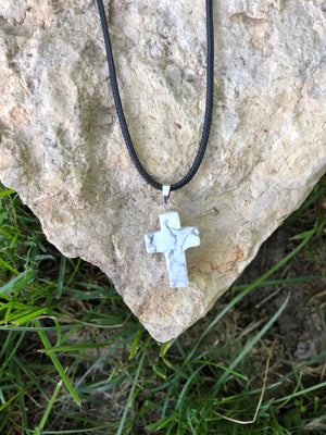 Healing Natural Gemstone Cross Necklace with Black Leather Cord