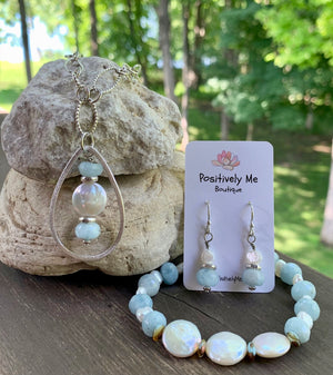 Fresh Water Pearl and Aquamarine Gemstone Earrings