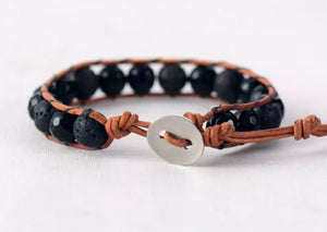 Lava and Onyx Aromatherapy Beaded Leather Bracelet