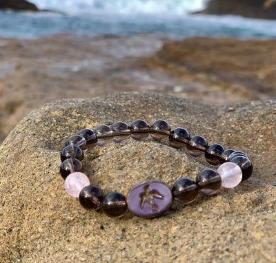 Smoky Quartz & Pink Rose Quartz Bracelet Natural Round Shape Beads