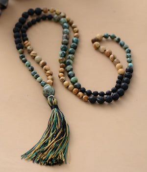 African Turquoise, Jasper and Lava 108 Bead Mala Necklace