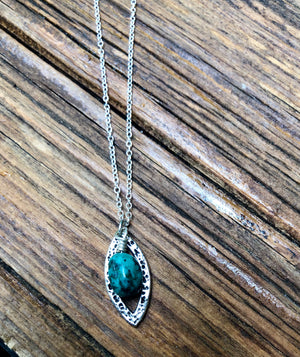 African Turquoise Leaf Framed Sterling Silver Necklace 