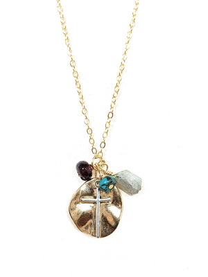 Labradorite, garnet and African turquoise Gemstone and Cross pendant Necklace