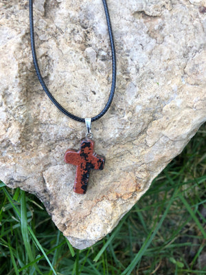 Healing Natural Gemstone Cross Necklace with Black Leather Cord