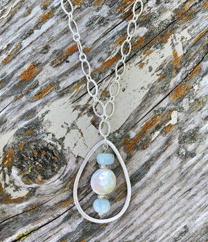 Fresh Water Pearl and Aquamarine Gemstone Large Pendant
