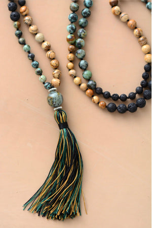 African Turquoise, Jasper and Lava 108 Bead Mala Necklace