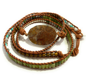 Coral Jade Leather Wrap Boho Bracelet