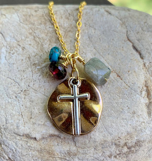 Labradorite, garnet and African turquoise Gemstone and Cross pendant Necklace