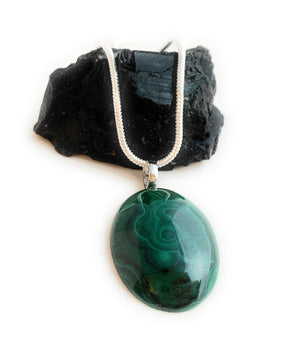 Malachite Sterling Silver Snake Chain Necklace